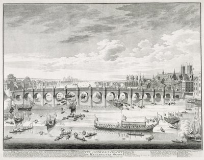 La perspectiva sureste del Puente de Westminster - Barcos llegando al Parlamento para la toma de posesión de Sir John Barnard (1685-1764) como alcalde de la Ciudad de Londres, 1747 de Giovanni Antonio Canal